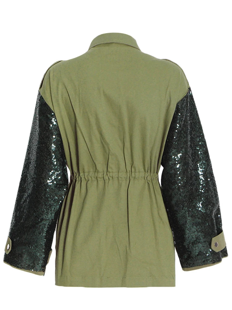 Patchwork Sequins Casual Loose Coats For Women Lapel Long Sleeve Spliced Pockets Colorblock Streetwear Coat Female Fashion