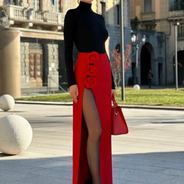 Summer Women Black Red Flower Bodycon Bandage Skirt Designer High Waist Party Office Lady Elegant Split Skirt