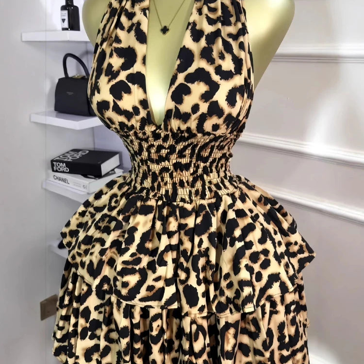 CM.YAYA Women Leopard Print Halter Neck Backless Cascading Ruffles Big Swing Ball Gown Mini Dress 2025 Sexy Club Party Dresses