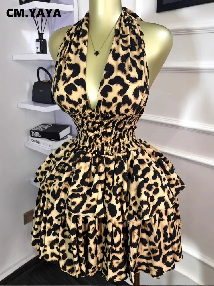 CM.YAYA Women Leopard Print Halter Neck Backless Cascading Ruffles Big Swing Ball Gown Mini Dress 2025 Sexy Club Party Dresses