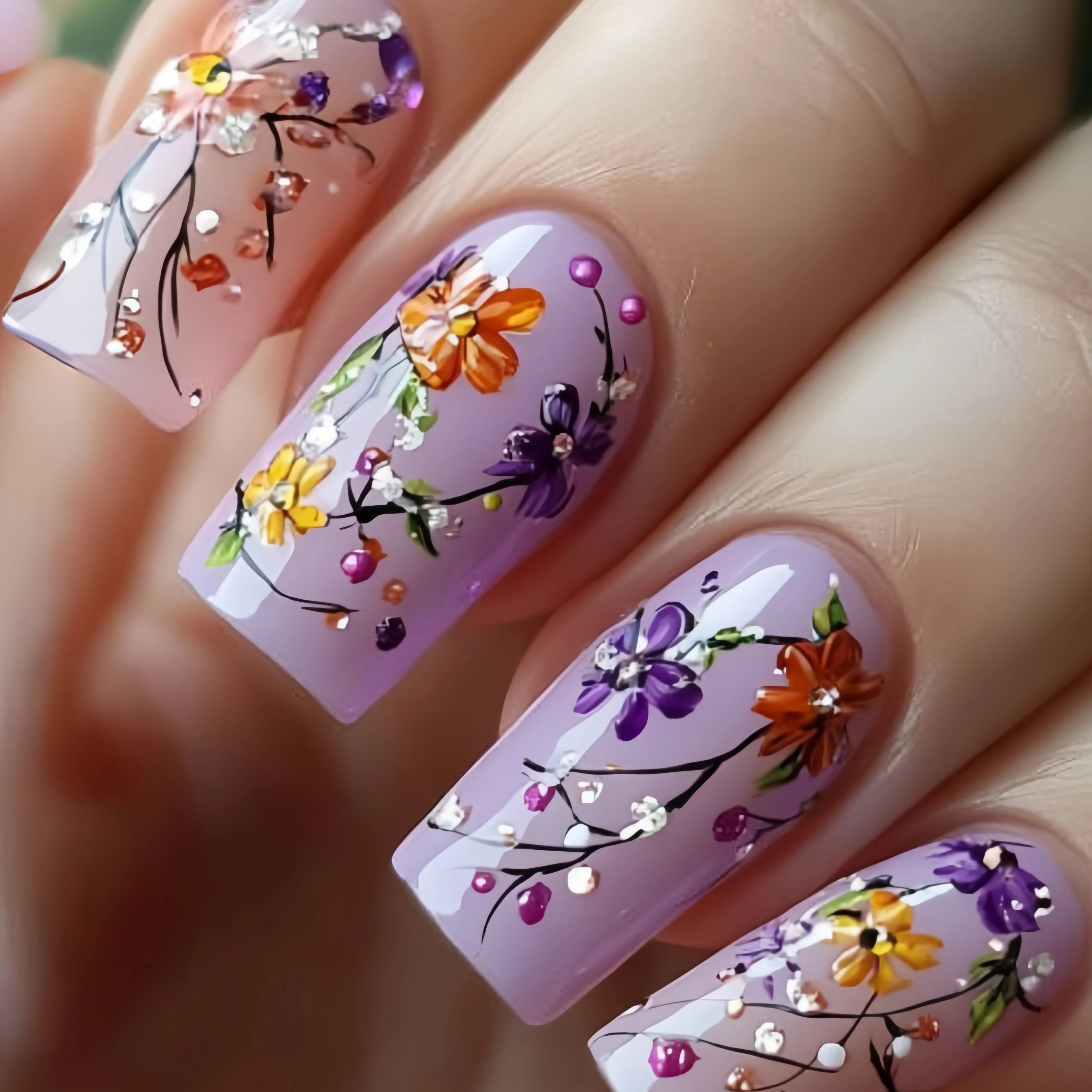 Medium and long square-shaped European manicure, fashionable manicure for New Year and spring and summer, purple gradient flower