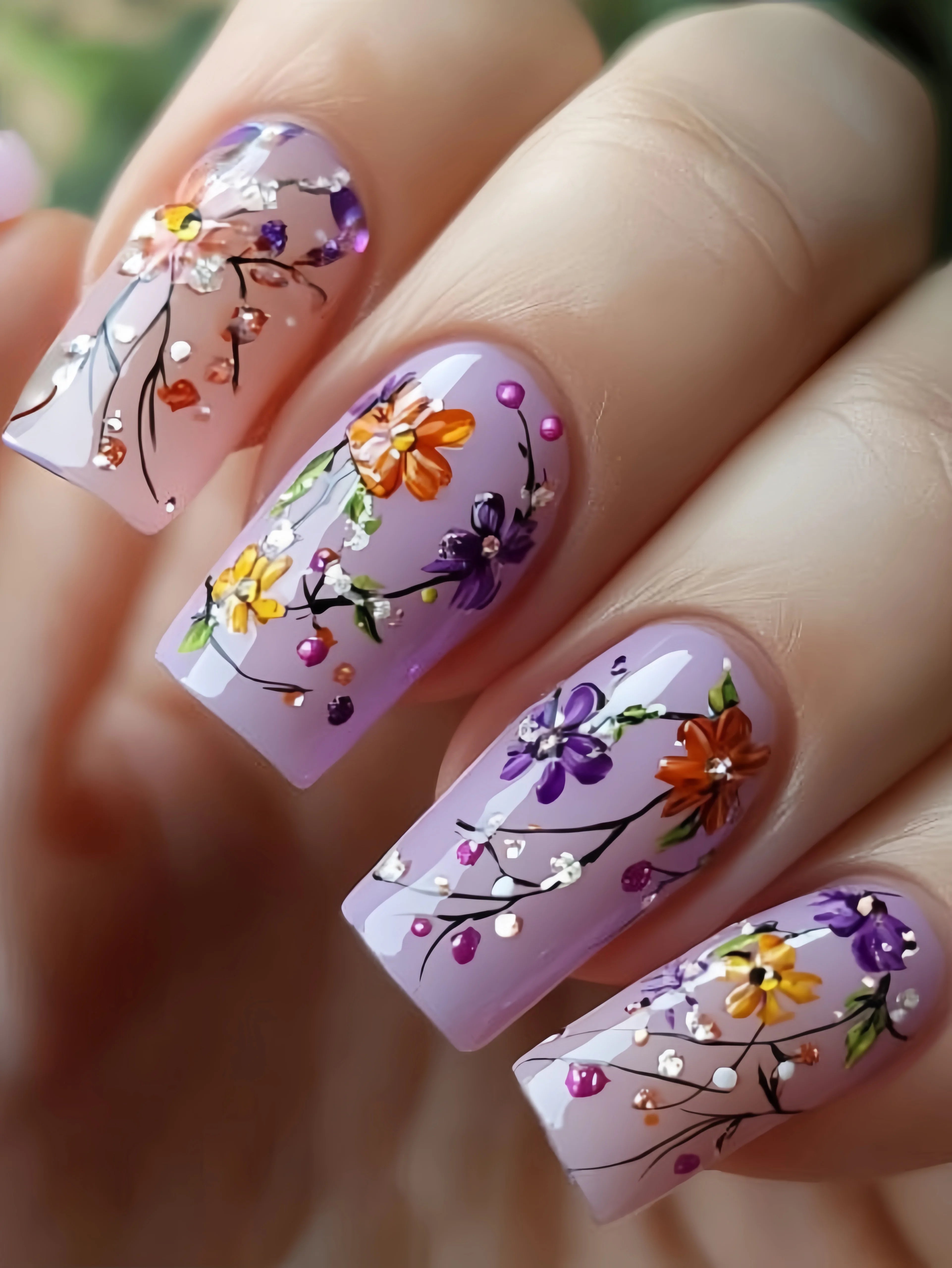 Medium and long square-shaped European manicure, fashionable manicure for New Year and spring and summer, purple gradient flower