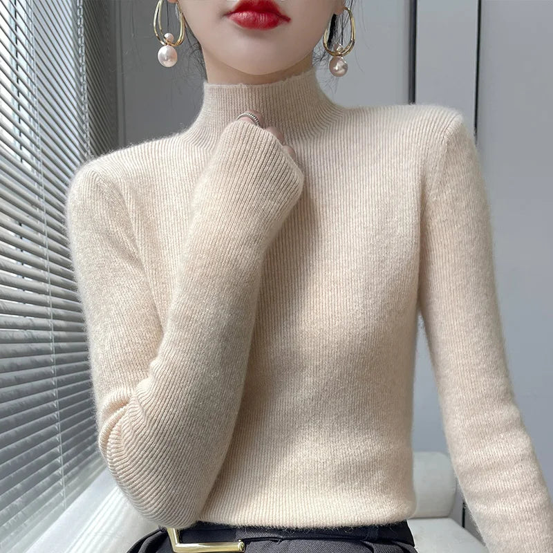 2022 Autumn and Winter Women's Cashmere Sweater Pullover Half Turtleneck Casual Fashion Pure Color High Quality Warmth Comfort Beige