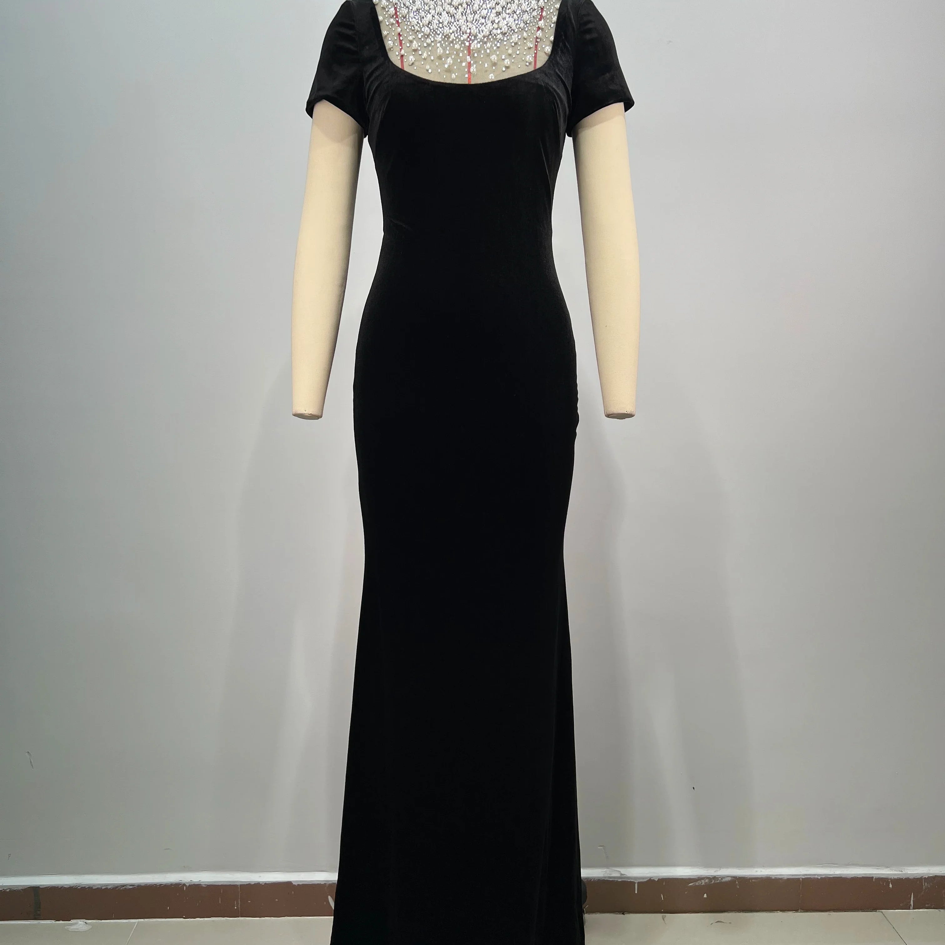 Women Short Sleeve Pearl Beading Velvet Bodycon Long Dress Elegant Evening Party Celebrate Cocktail  Dress