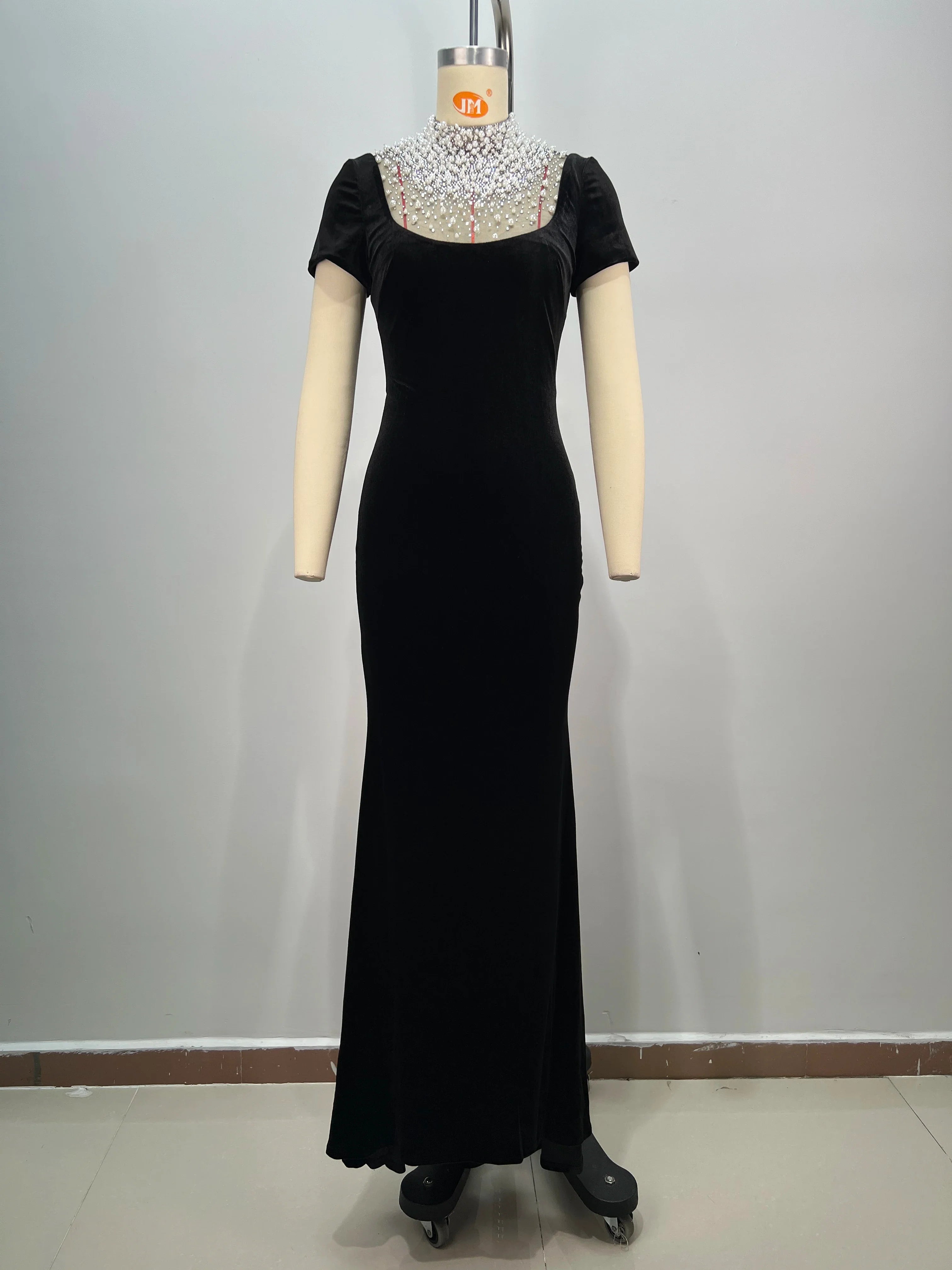 Women Short Sleeve Pearl Beading Velvet Bodycon Long Dress Elegant Evening Party Celebrate Cocktail  Dress