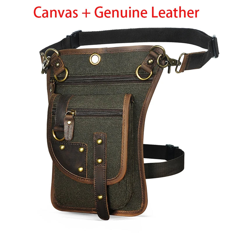 Leather Multipurpose Men Travel Mochila Crossbody Messenger Bag Hook Belt Waist Pack Drop Leg Phone Case Bag canvas-army green