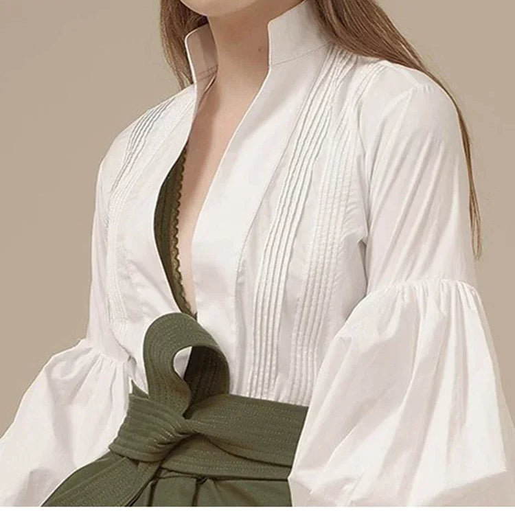 XITAO White Irregular Pleated Dress Women Clothes Spring New Stand Collar Puff Sleeve Personality Dress ZY3560