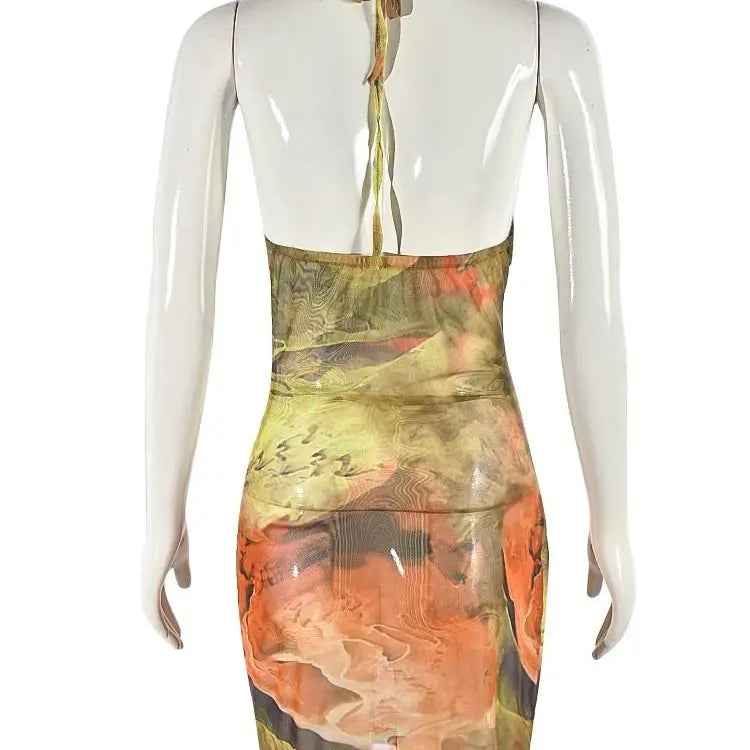 Joskaa Colorful Print Mesh Cutout Irregular Dress Women Hipster Sexy Halter Backless Split Slim Mini Dresses Holiday Wear