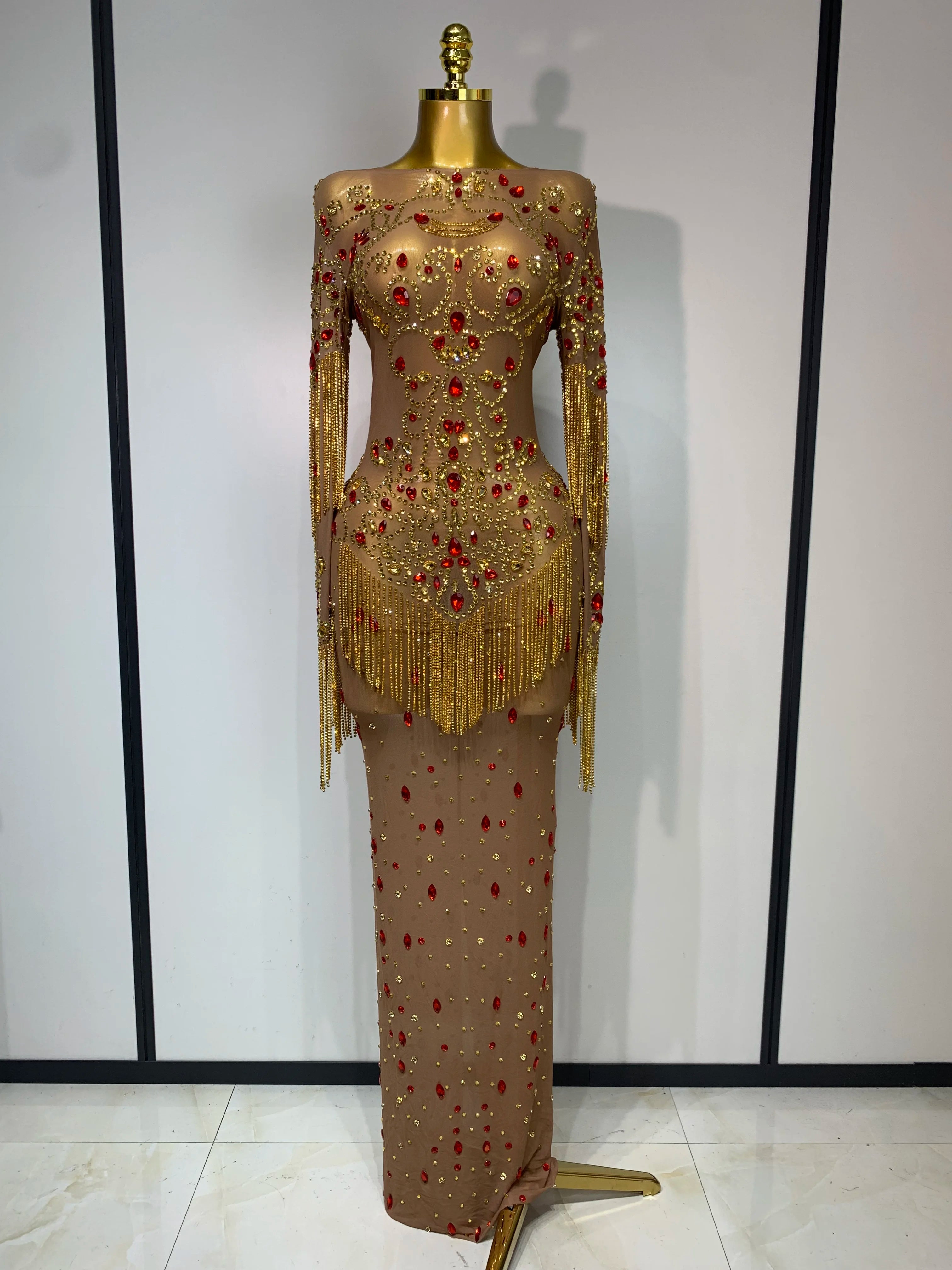 High Quality See Through Elastic Mesh Sparkly Rhinestone Stage Performan Costume Luxury Birthday Evening Party Wedding Dress