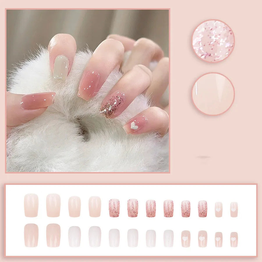 24pcs/set Short Medium fake nails for women girls gradient shiny glitters heart french Square almond tips Press on false nail