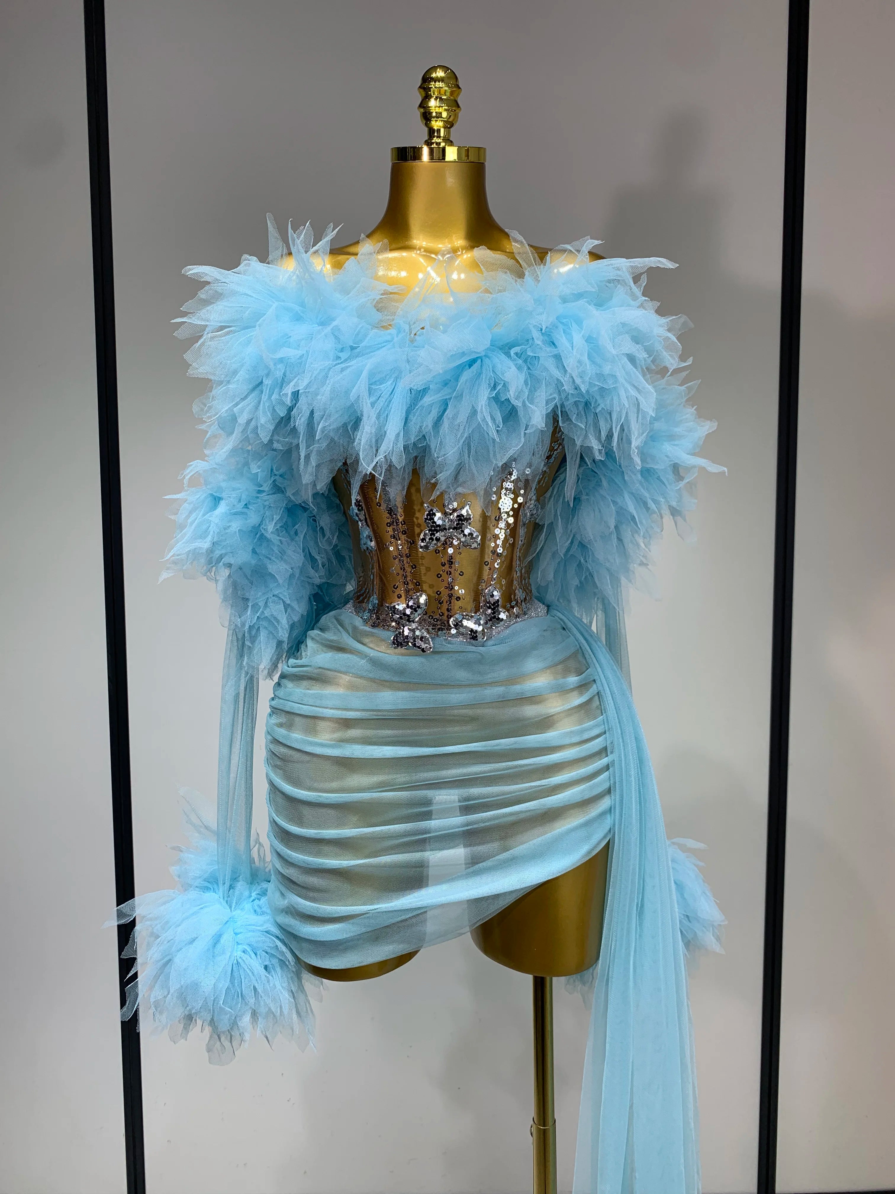 Women Sexy Backless Mesh Transparent Three Pieces Set Performance Dance Costume Nightclub Birthday Photo Shoot Stage Outfit