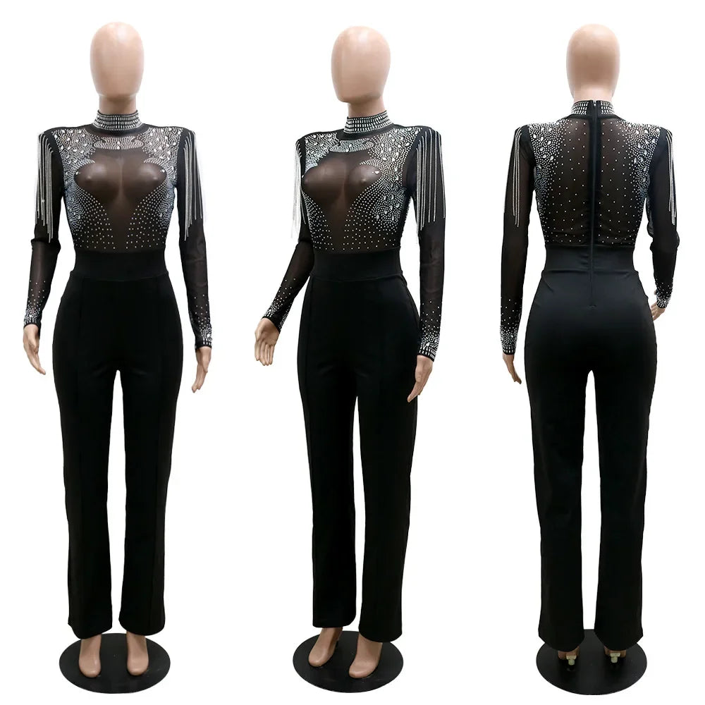 CM.YAYA Women Jumpsuit Solid High Collar Hot Drill Mesh Shoulder Cotton Long Sleeves Long Straight Jumpsuit Sexy Party Outfits