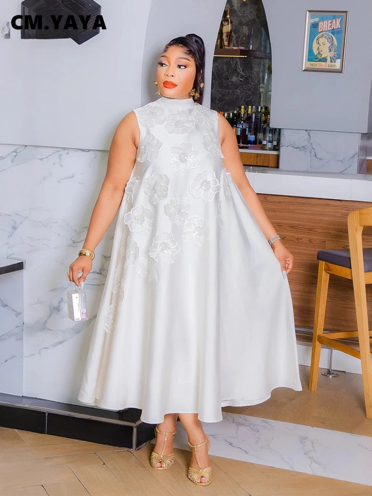 CM.YAYA Elegant Women Sleeveless Loose 3D Flower O-neck Dress 2025 Summer Bodycon African Street Midi Maxi Long Dresses Vestidos