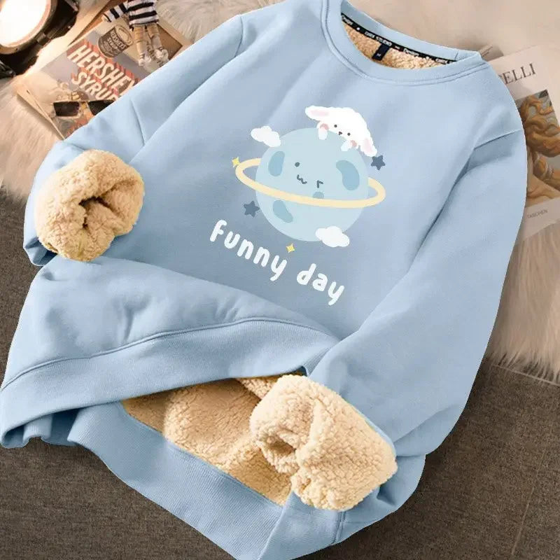 FIGOHR Cute Fleece Warm Hoodies Women Rabbit Thicken Thermal Sweatshirts Printed Loose Sweatshirts for Autumn/Winter