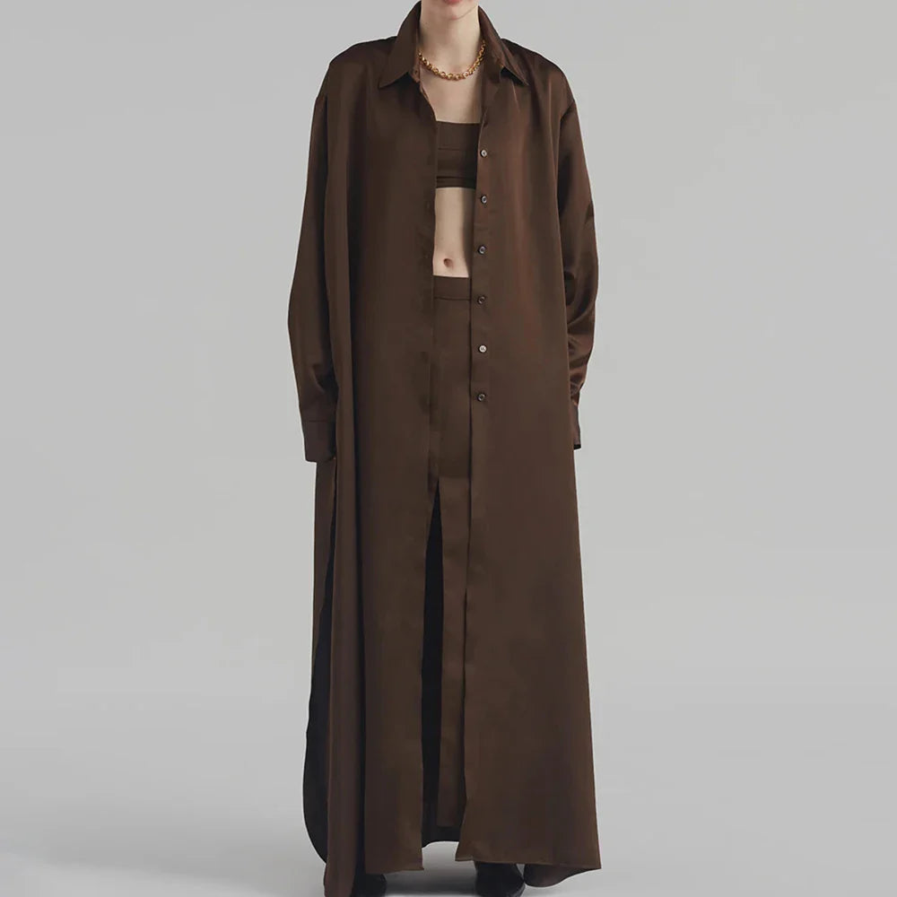 Solid Minimalist Split Dresses For Women Lapel Long Sleeve High Waist Patchwork Single Breasted Loose Dress Female