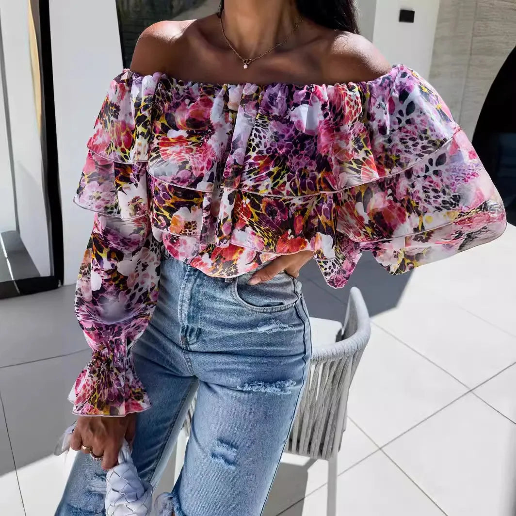 Summer Fashion Off Shoulder Printed Chiffon B LouseWomen Sexy Beach Style Slash Neck Ruffle Chiffon Blouse Women