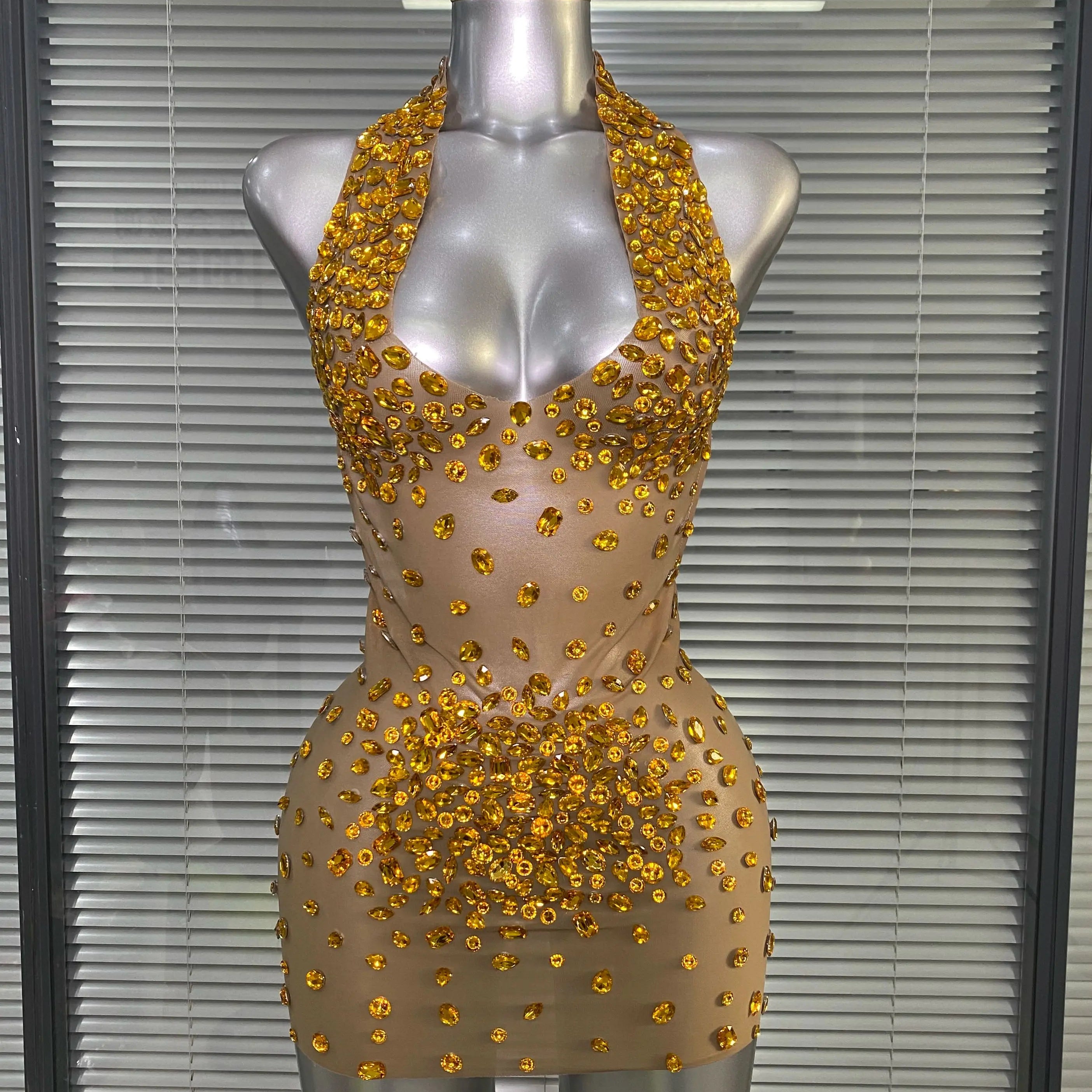 Celebrity New Women Sexy Transparent Mesh Backless Gold Black Costume Stage Dancer Singer Night Club Mini Party Dress