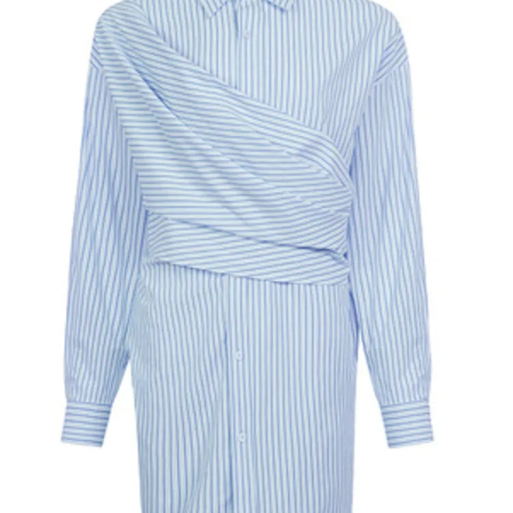 DEAT Fashion Women Blue Stripe Shirt Dress Lapel Single Breasted Full Sleeves Waist Retraction Folds Dresses Spring New