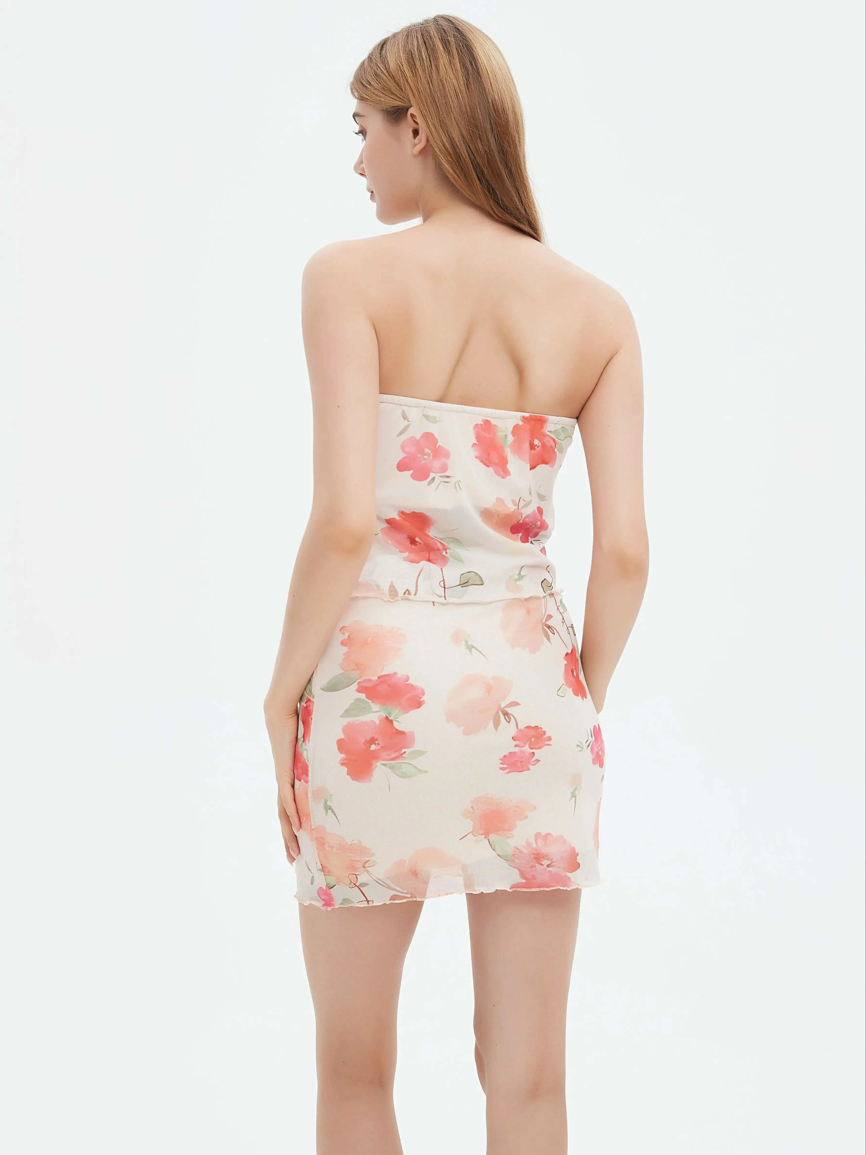 Spring Summer Women's 2 Pieces Mesh Sheer Floral Top-Skirt Set Vacation Wear Breasted Suits Casual Beachwear