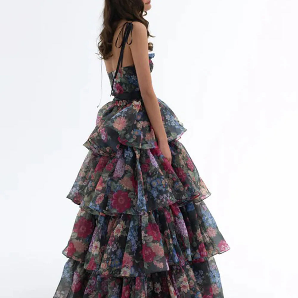 Women Sleeveless Sexy Strap Flowers Print Ruffles Loose Long Maxi Dress Evening Party Celebrate Birthday Vacation Outfit