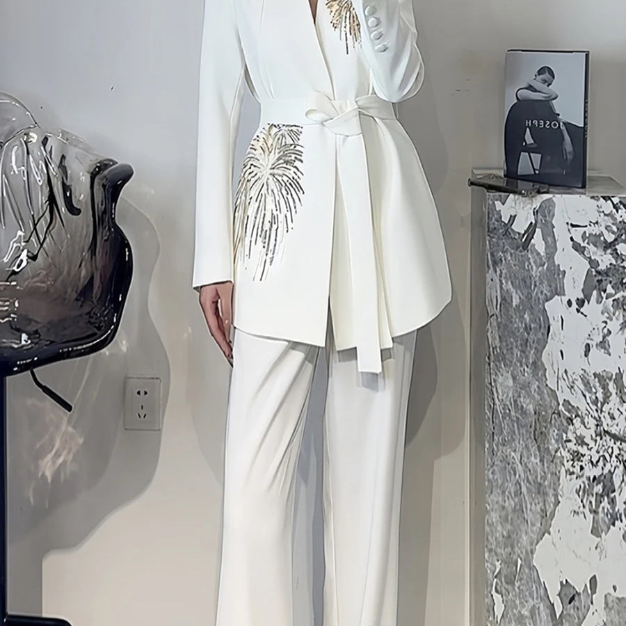 TWOTWINSTYLE Solid Slimming Two Piece Sets for Women V Neck Long Sleeves Patchwork Sequins Top High Waist Pant Fashionset Female