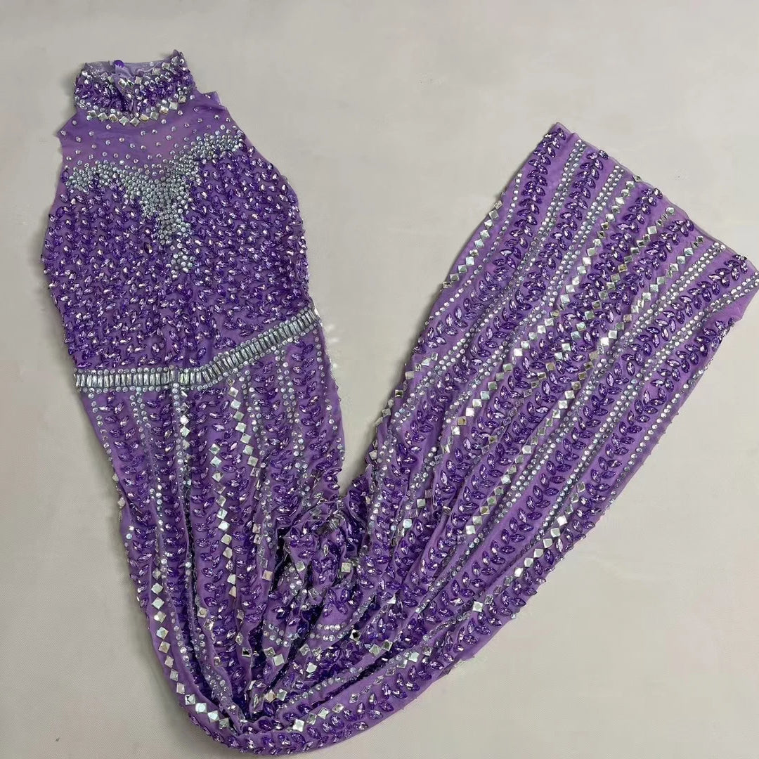 High-quality Purple Crystals Sexy Evening Gown Luxury Dinners Ball Dress Women's Birthday Party Stage Elegant Mesh Dress zizi