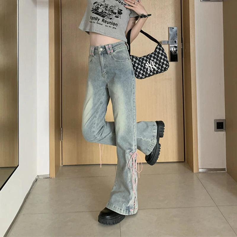 MEXZT Y2K High Waist Jeans Women Vintage Bandage Slit Slim Flare Denim Pants Female Korean Streetwear Casual Wide Leg Trousers