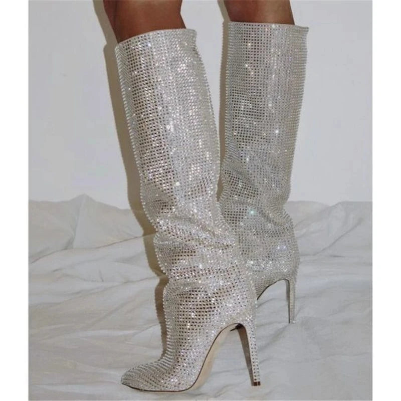 Rhinestone Women's High Boots Pointed Toe Slip-on Long Boots Women Boots High Heels Sexy Stiletto Ladies Party Shoes