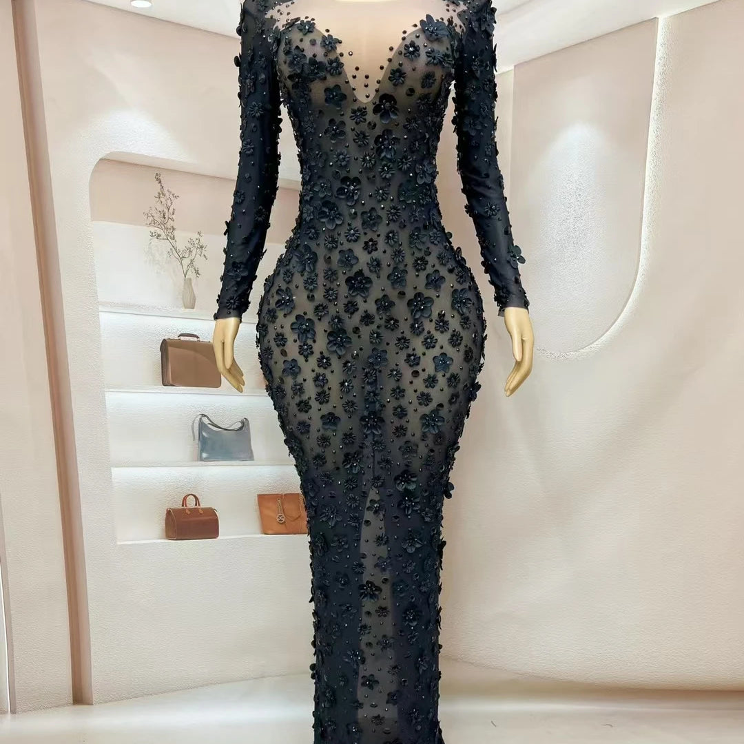 Shine Rhinestone Black Evening Dress Sheer Mesh Tight Fitting Flower Long Dress Elegant Mysterious Party Sexy Women Dress Cunjie