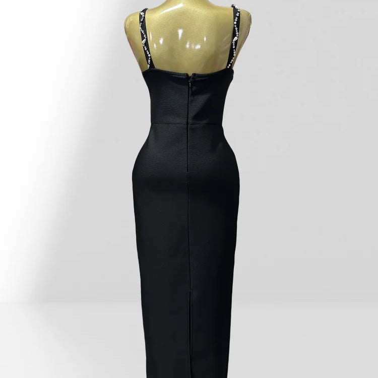 2025 Luxury Diamonds Spaghetti Strap Black Bandage Ankle Length Dress  Woman evening Party Dress Celebrity Birthday Party Outfit