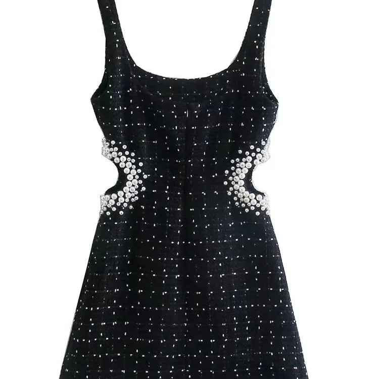 Women Sexy Waist Hollow Out Pearl Appliques Tweed Woolen Slim Mini Dress Female Chic Back Zipper Sling Vestidos