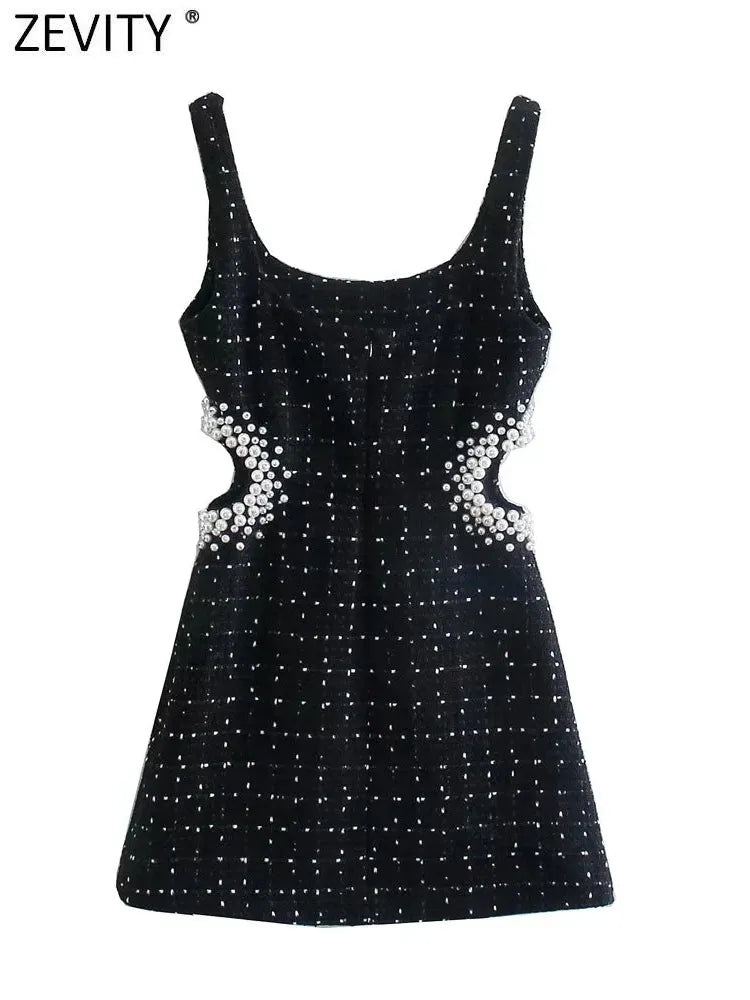 Women Sexy Waist Hollow Out Pearl Appliques Tweed Woolen Slim Mini Dress Female Chic Back Zipper Sling Vestidos