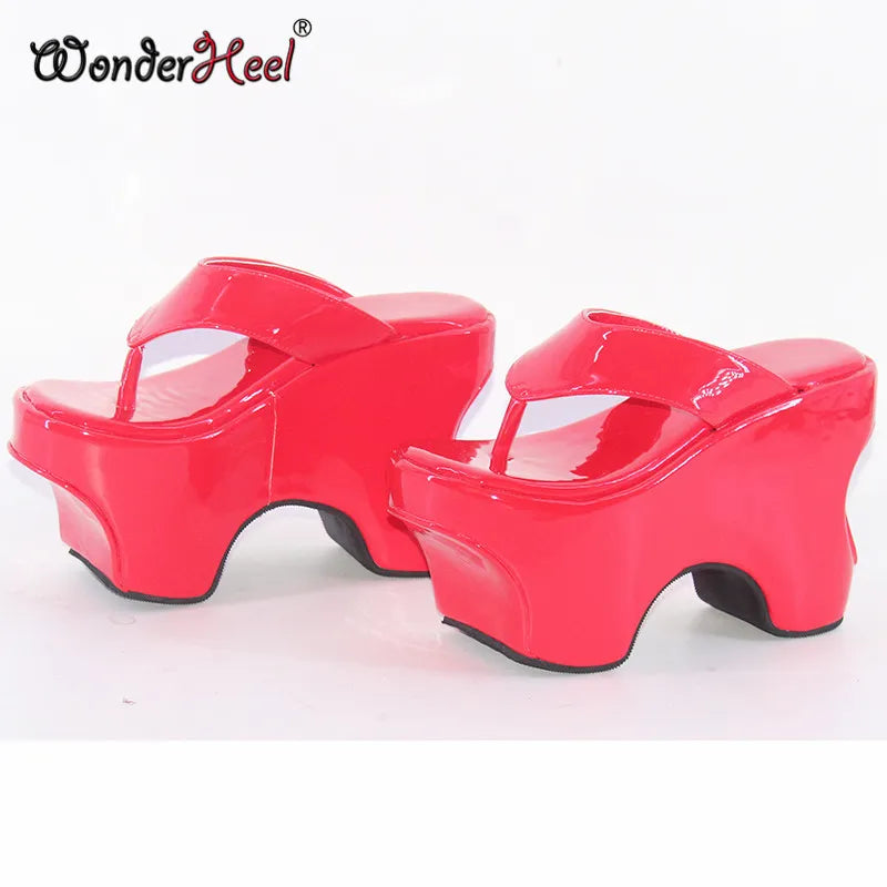 Wonderheel Summer 12cm Height Increasing Heels Platform Japanese Modern Women Sandals Mirror Leather Slip On Big Size Red