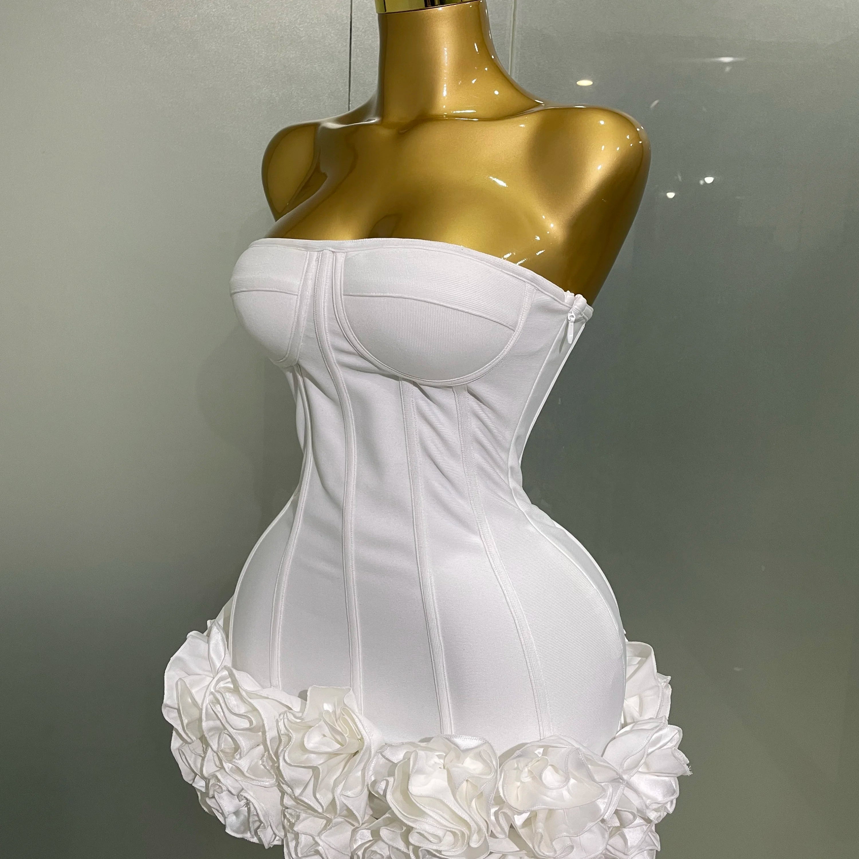 Women Evening Bandage Dress Strapless Bodycon Flowers Mini Celebrity Sexy Birthday Party Dresses Photo Shoot Nightclub Outfit