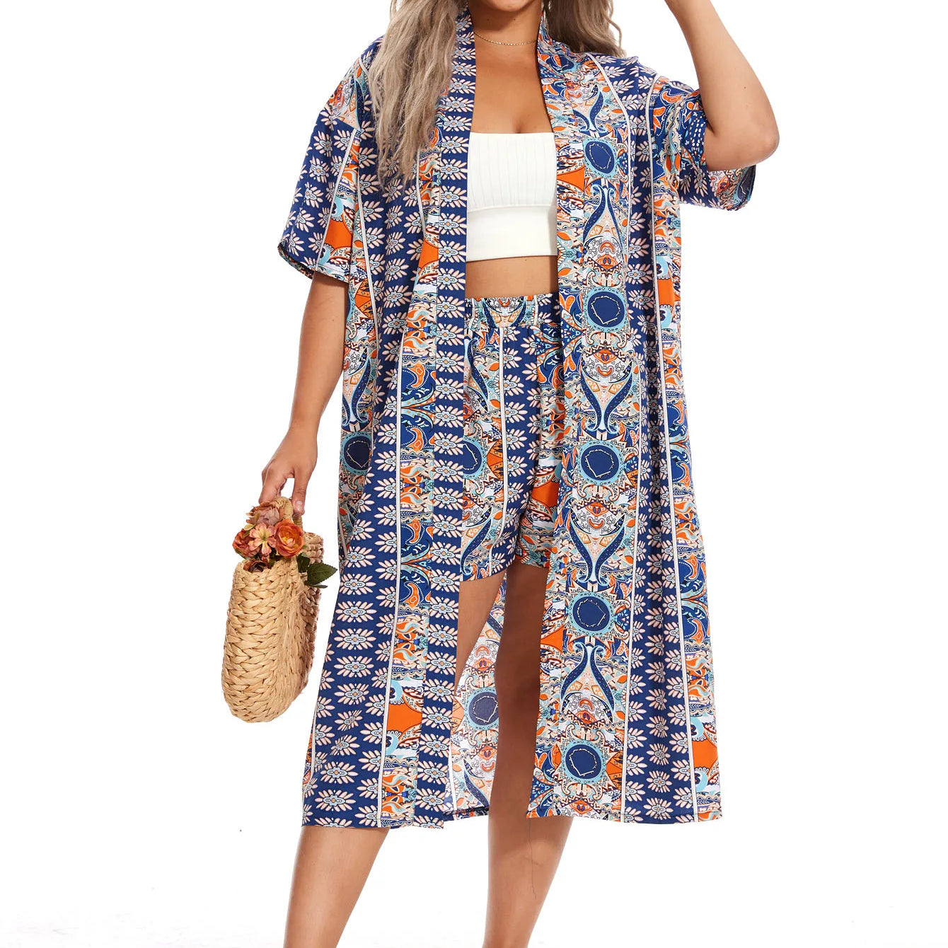 Plus Size Print Two-piece Set, Short Sleeve Open Front Kimono & Elastic Waist Shorts Outfits, Women's Plus Size Clothing