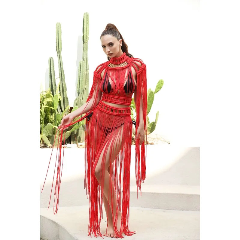 Tassel Hand Crochet Knitted Women Bikini Cover Ups 2023 Summer Holiday Beach Bathing Suit Sexy Hollow Out Skirts Matching Set