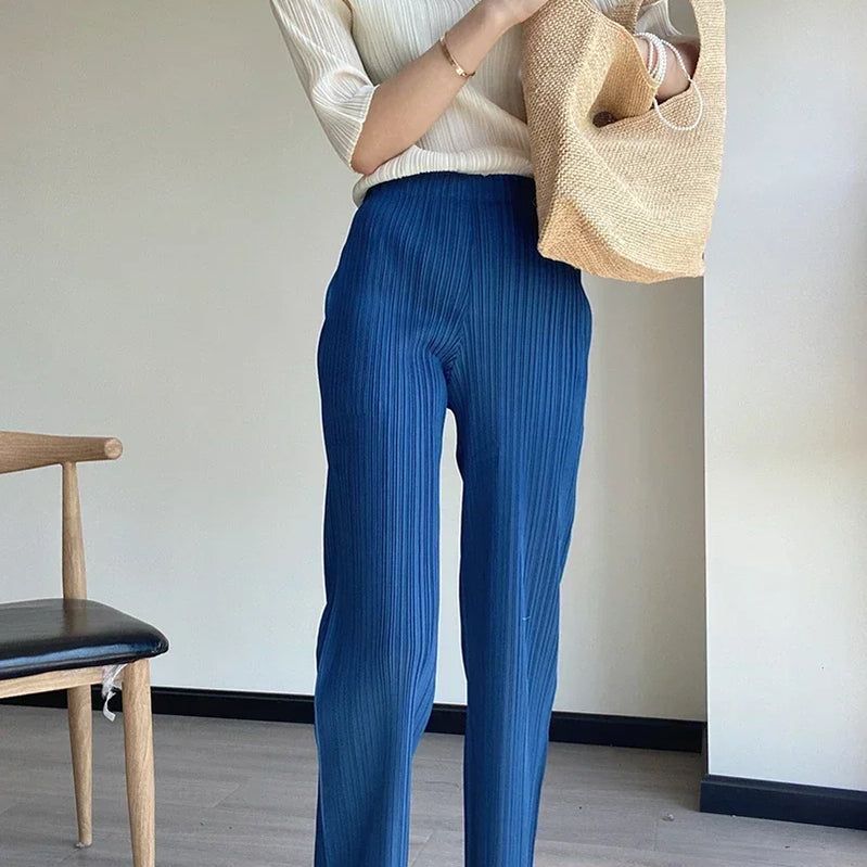 Spring Summer Autumn Women Casual Elegant Ladies Miyake Designer Casual Loose Straight Pleated Pants High Waist Trousers