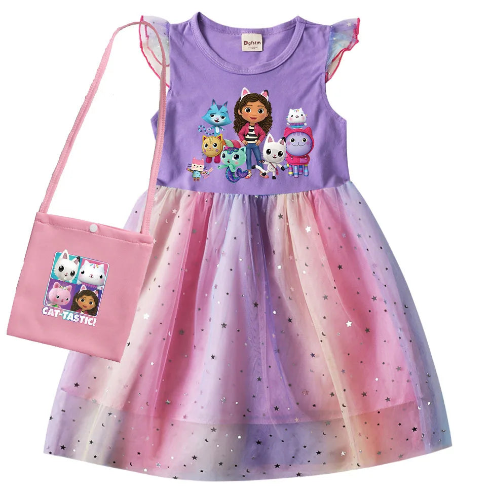 Adorable Cartoon Gabby Cats Fly Sleeve Baby Girl Dress with Bag and Headband Kids Gabby's Dollhouse Cosplay Costume L2pcs