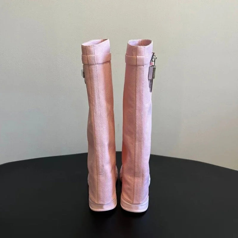 Leather Metal Padlock Woman Knee Length Boots Black Pink Slope Heel Autumn Winter Skirt Boots Size 35-43 Women Shoes