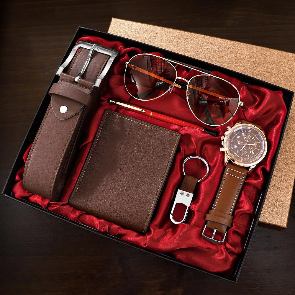Men Gift Watch Business Luxury Company Mens Set 6 in 1 Watch Glasses Pen Keychain Belt Purse Welcome Holiday Birthday Brown
