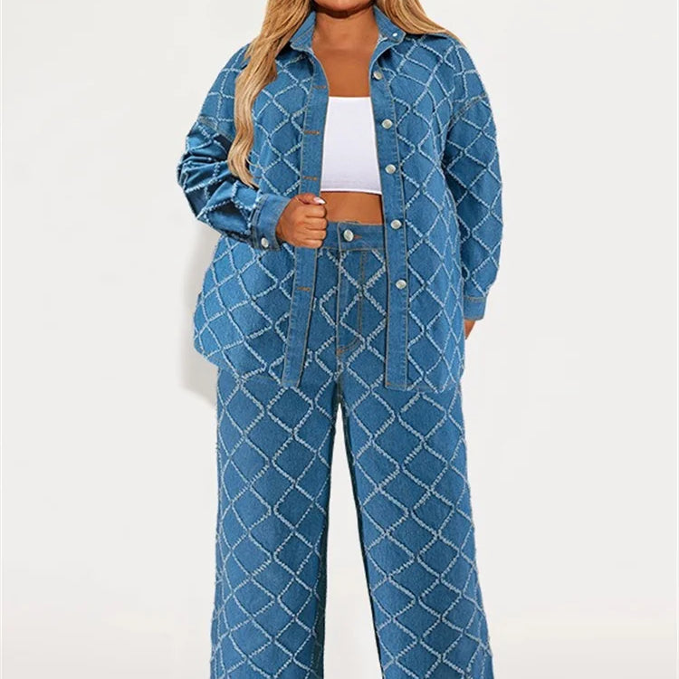 Wmstar Plus Size Denim Two Piece Sets Women Fall Clothing Print Long Sleeve Tops Pants New Matching Suits Wholesale Dropshopping