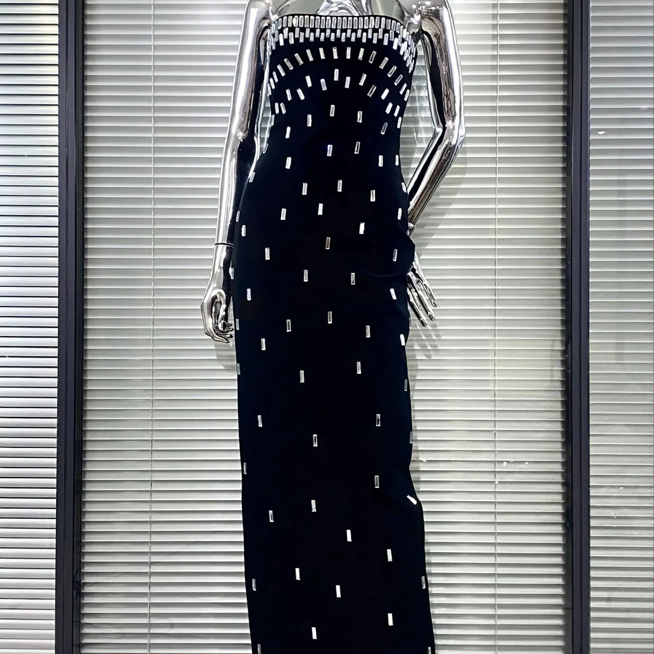 2025 Sparkling Diamonds Fashion Woman Party Dress Strapless Black Bandage Ankle Length Dress Celebrity Birthday Party Outfit