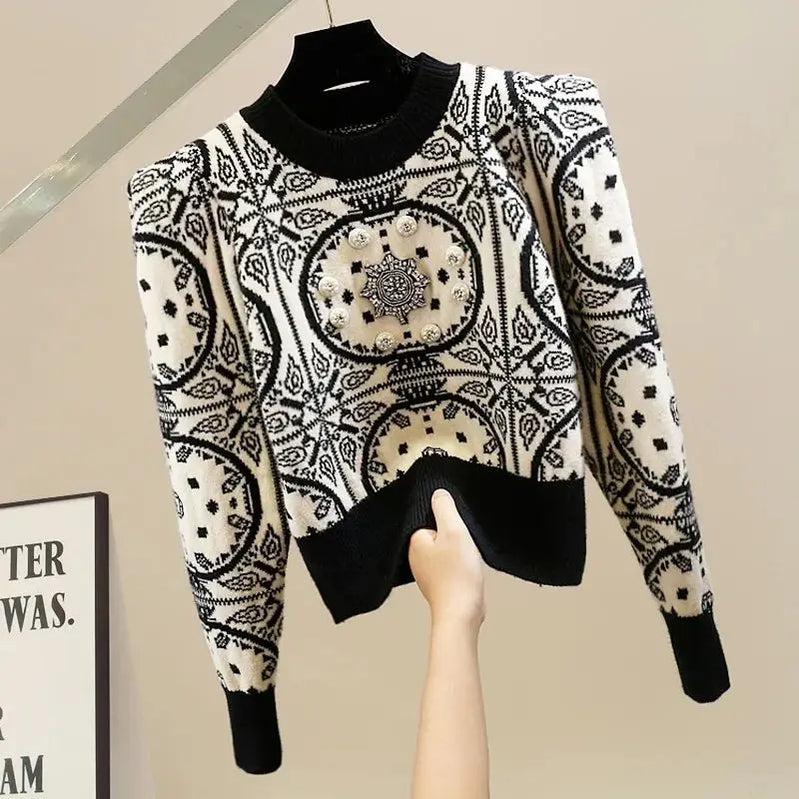 Black Acrylic Knitted Diamonds Beading O-Neck Long Sleeve Women's Sweater Korean Fashion Chic Pullover Sweaters Autumn Winter WHITE