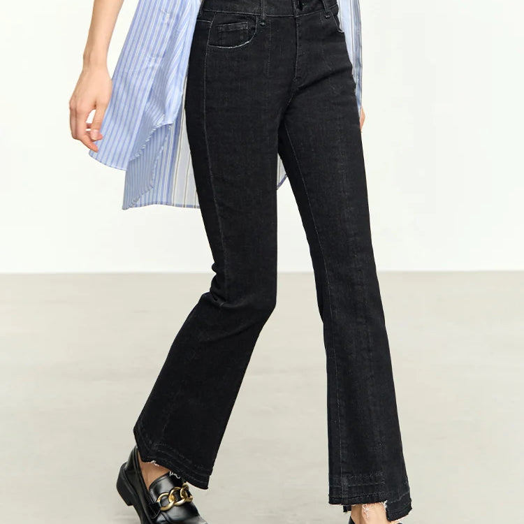 Minimalist Black Women Jeans Autumn Slim Ankle-length New Pants Asymmetrical Flare Retro Casual Trousers