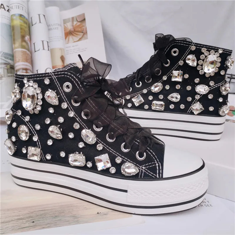 Crystal Hand-made Diamond Thick Bottom Inner High Top Women's Canvas Shoes Designer Sneaker Women Flats