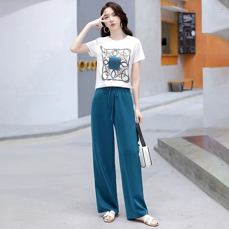 Women Casual Plus Size Clothing Suit 2025 Summer New Fashion Large Korean Short Sleeve Top Wide Leg Pants 2 Two Piece Set Female