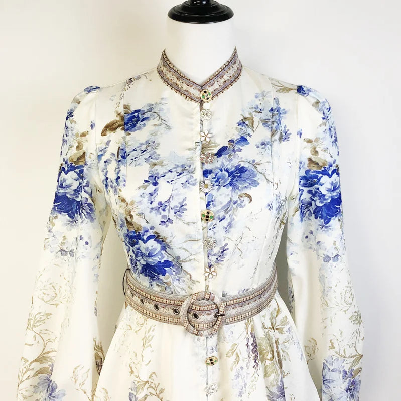 Shot In Stock 2025 Spring Summer Printed Single-Breasted Exquisite Flower Button Short A-Line Dress + Belt