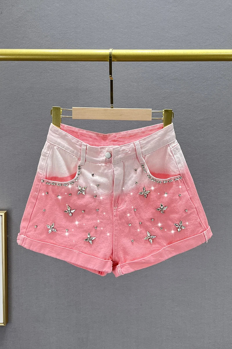 Sweet Gradient Color Exquisite Rhinestone Denim Shorts Women Summer High Waist Slimming Wide Leg Shorts Jeans Hot Pants Peach Pink