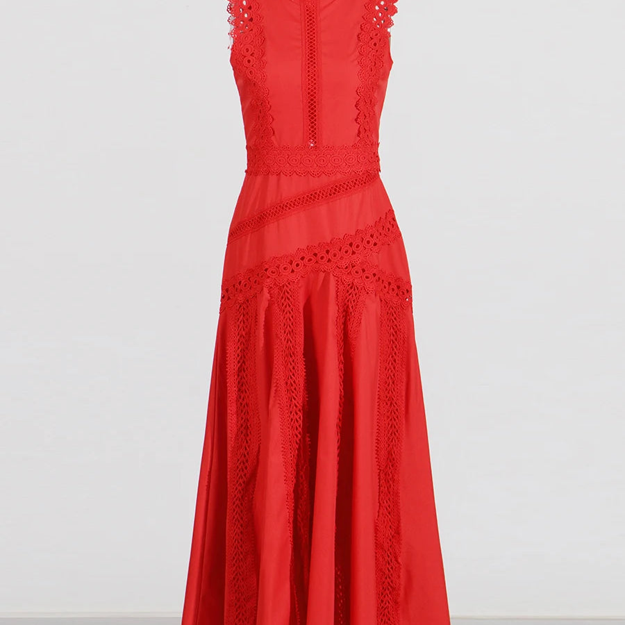 TWOTWINSTYLE Solid Slimming Spliced Hollow Out Dresses for Women Round Neck Sleeveless Patchwork Lace Dress Female Clothing New