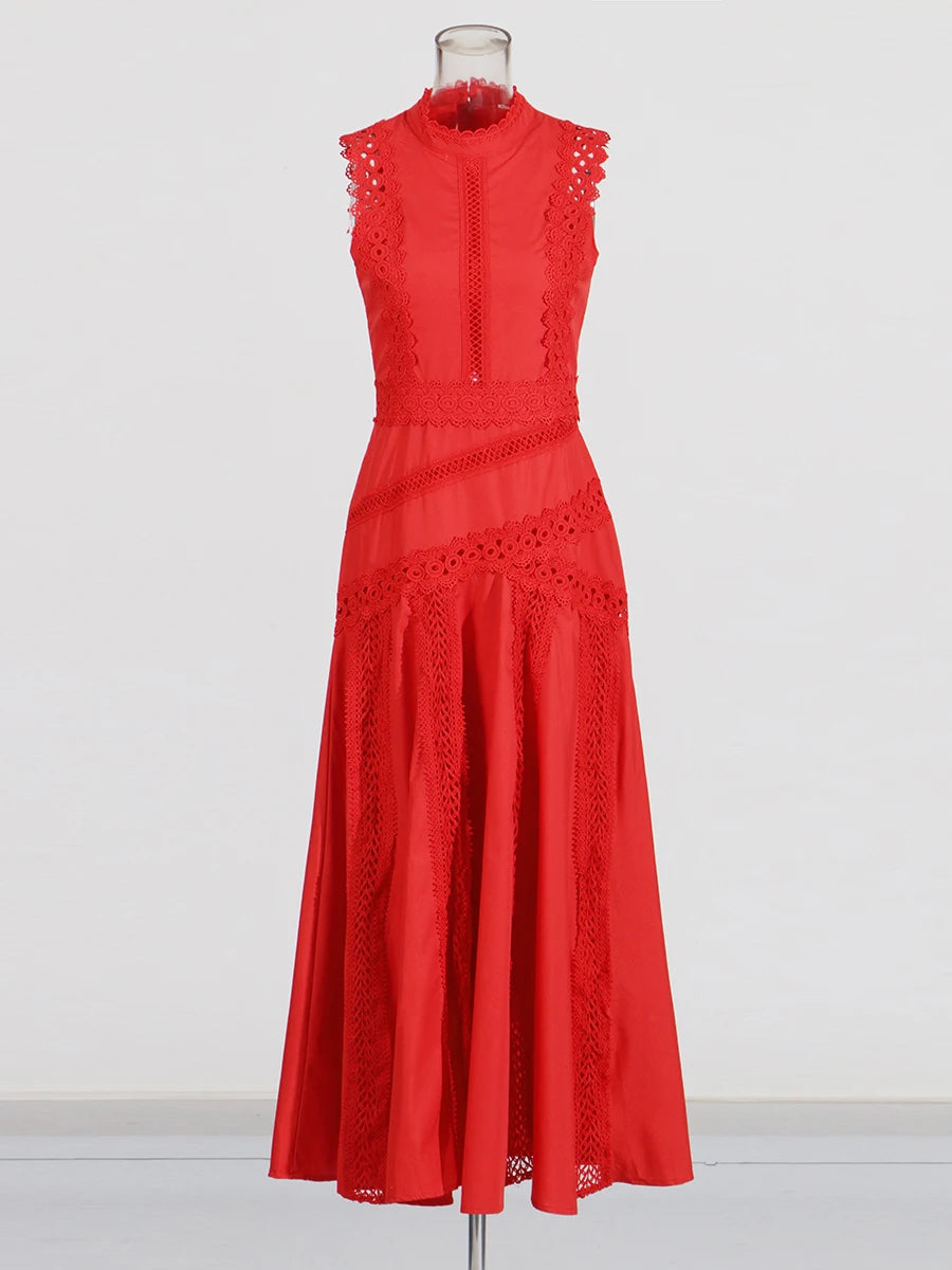 TWOTWINSTYLE Solid Slimming Spliced Hollow Out Dresses for Women Round Neck Sleeveless Patchwork Lace Dress Female Clothing New